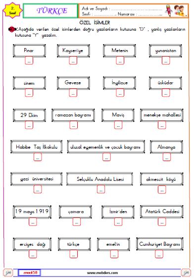 2. Sınıf Türkçe Özel İsim Etkinliği